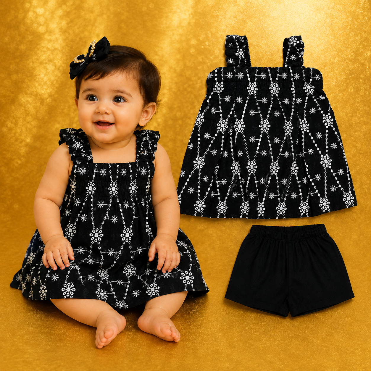 Baby Girls Black Floral Printed Cotton Dress Set with Bloomers (6–12 Months)