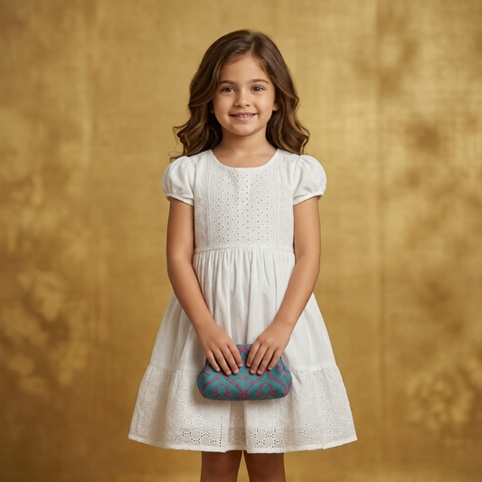Pure White Eyelet Cotton Tiered Frock – Girls (Ages 6–7 Years)