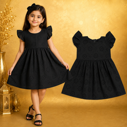 Black Cotton Eyelet Embroidered Party Frock | 5–6 Years