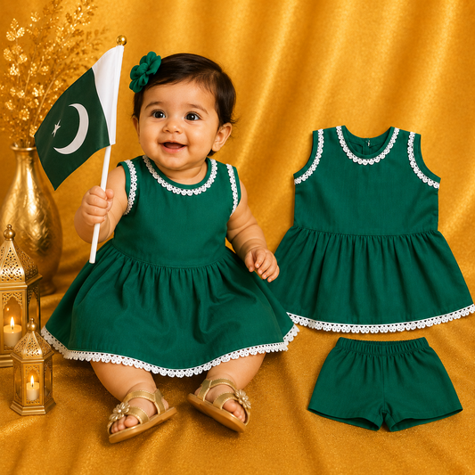 Baby Girl Green Dress Set | 14 August Outfit | 6–12 Months