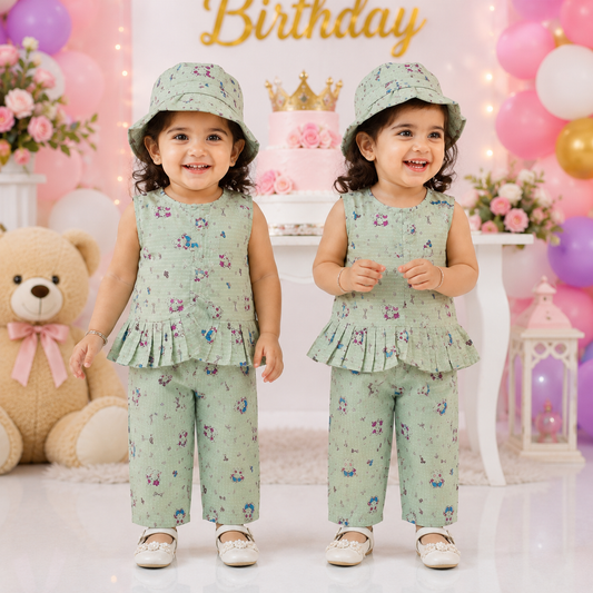 Girls Printed Co-Ord Set – Mint Green | 2–3 Years