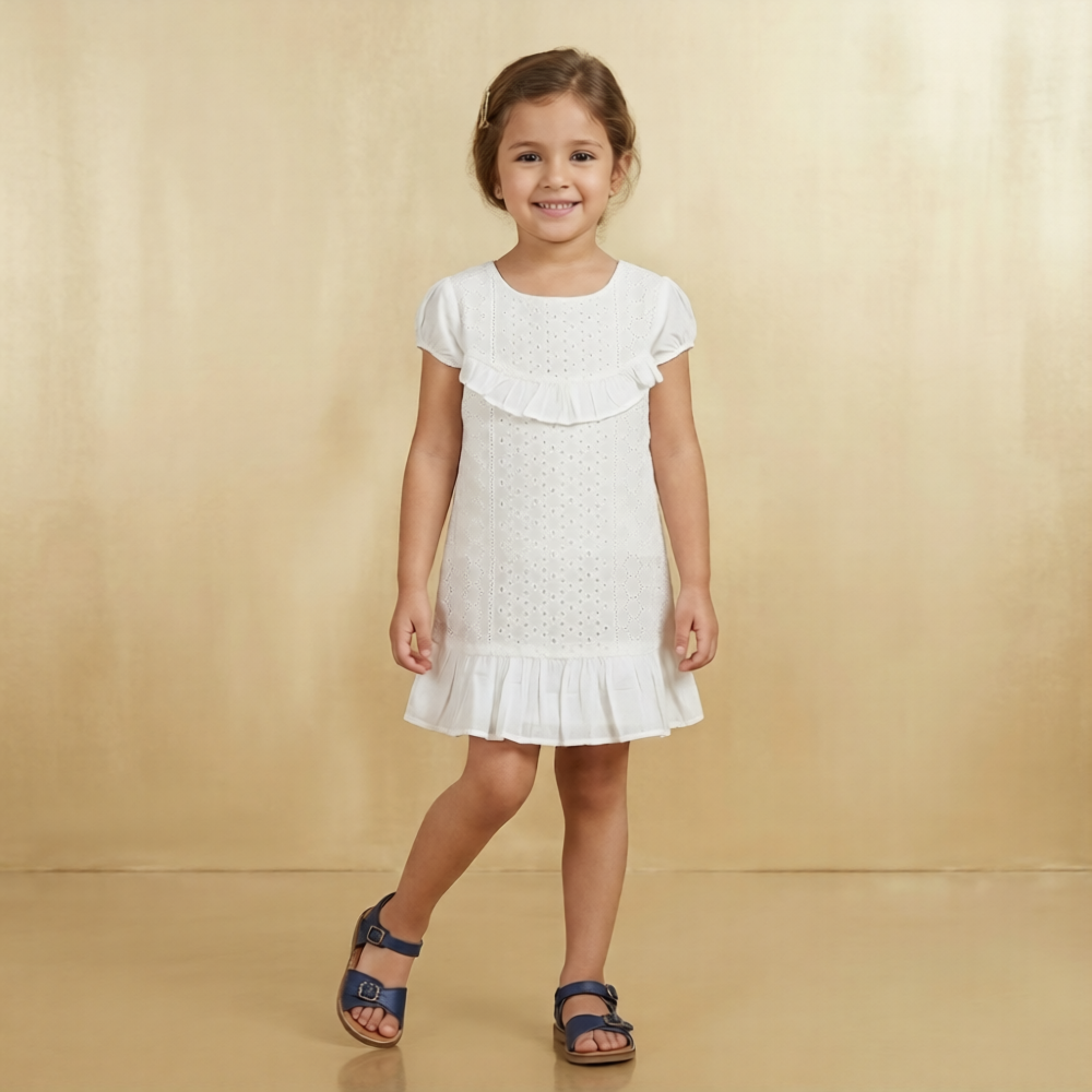 White Eyelet Cotton Ruffle Frock – Girls (Ages 5–6 Years)