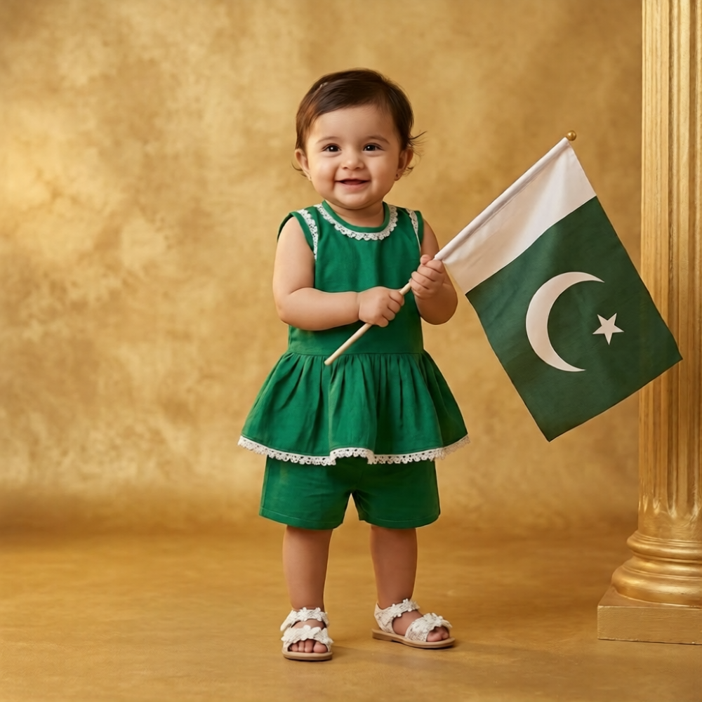 Baby Girls' Independence Day Emerald Green Frock & Shorts Set (6–12 Months)
