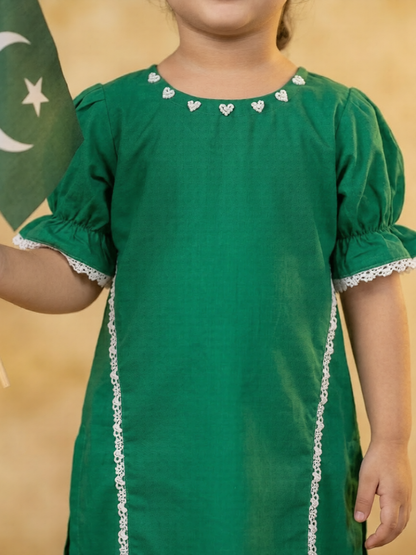 Girls' Independence Day Emerald Green Kurti & Trouser Set (3–4 Years)