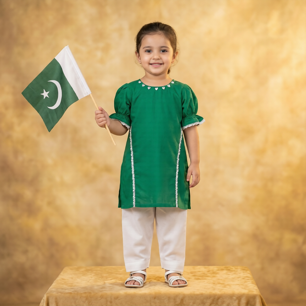 Girls' Independence Day Emerald Green Kurti & Trouser Set (3–4 Years)