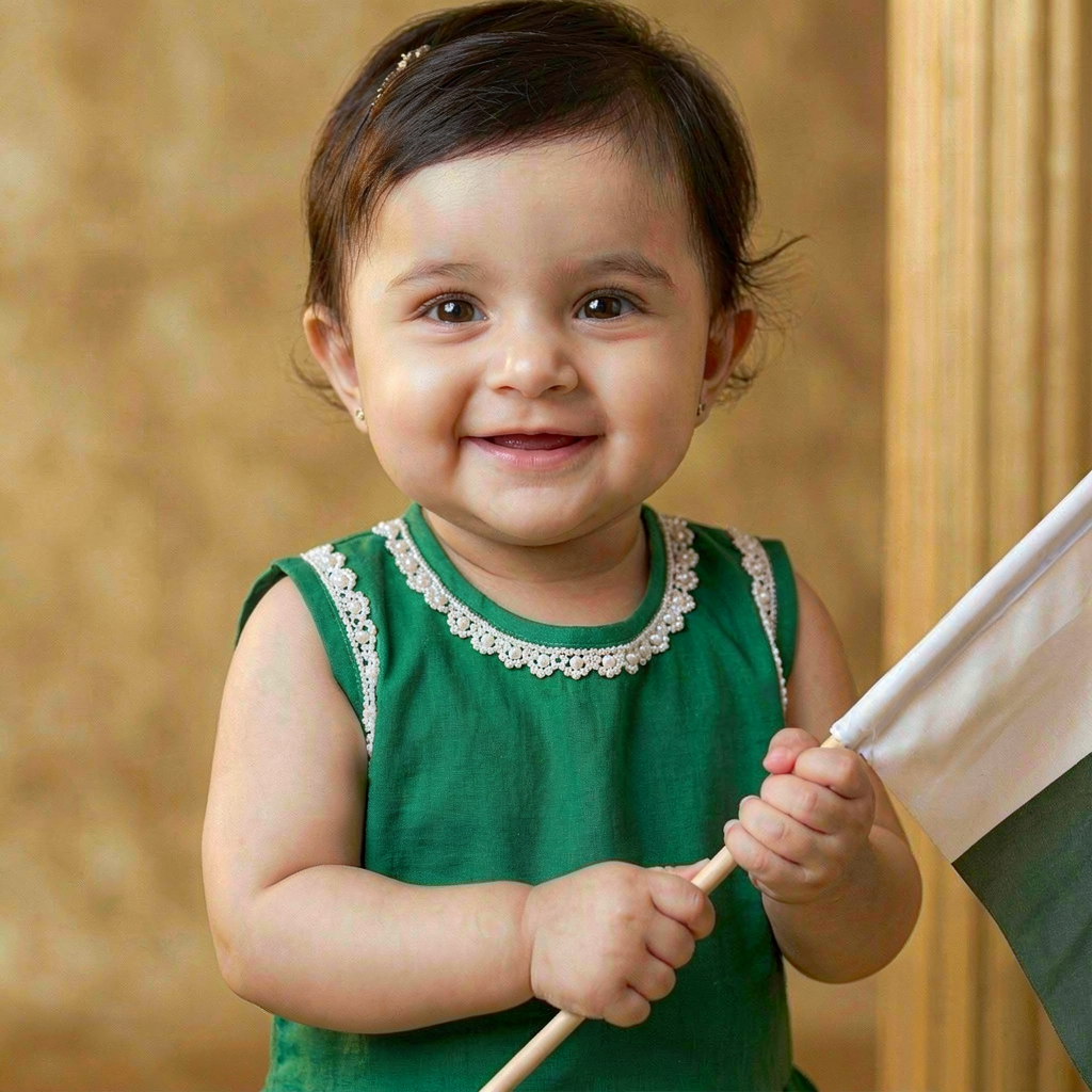 Baby Girls' Independence Day Emerald Green Frock & Shorts Set (6–12 Months)