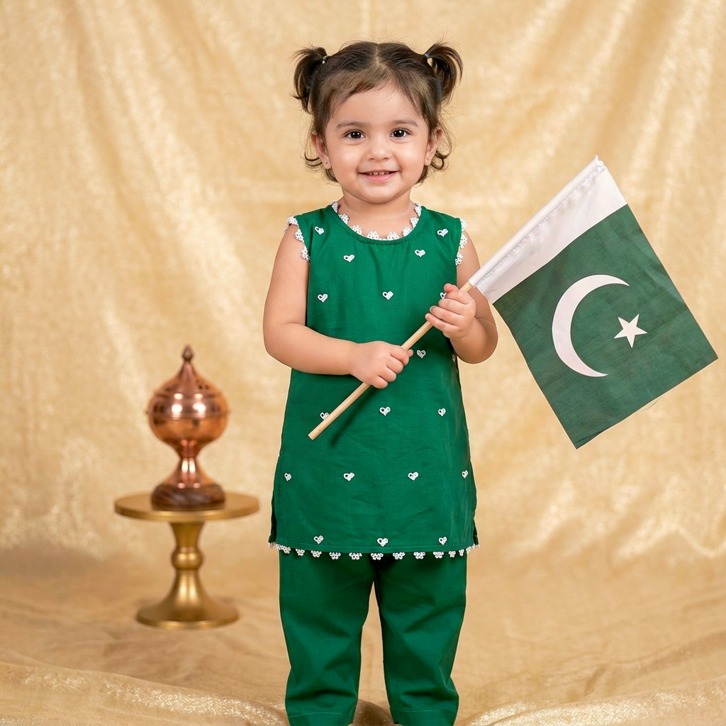 Girls' Independence Day Heart-Embroidered Green Kurti & Trouser Set (2–3 Years)