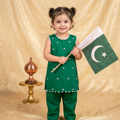 Girls' Independence Day Heart-Embroidered Green Kurti & Trouser Set (2–3 Years)