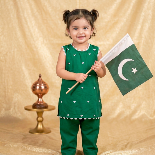 Girls' Independence Day Heart-Embroidered Green Kurti & Trouser Set (2–3 Years)