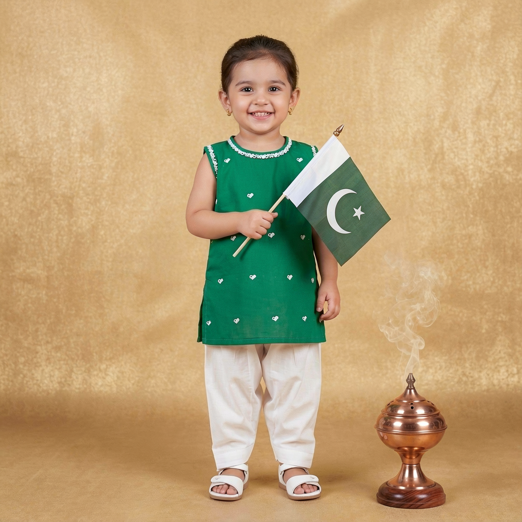 Girls' Independence Day Emerald Heart-Embroidered Kurti & White Trouser Set (2–3 Years)