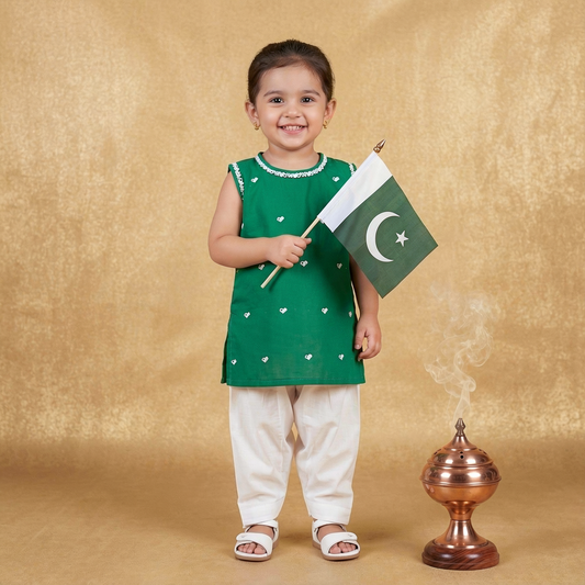 Girls' Independence Day Emerald Heart-Embroidered Kurti & White Trouser Set (2–3 Years)
