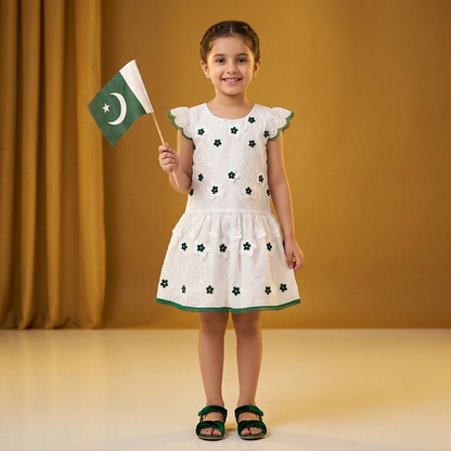 Girls White & Green Short-Sleeve Embroidered Frock (7-8 Years) – Independence Day Collection