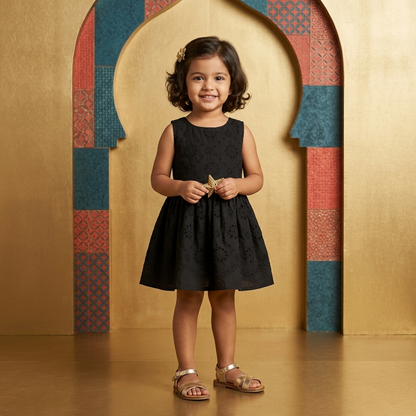 Classic Black Floral Eyelet Cotton Frock – Girls (Ages 3–4 Years)