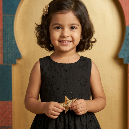 Classic Black Floral Eyelet Cotton Frock – Girls (Ages 3–4 Years)